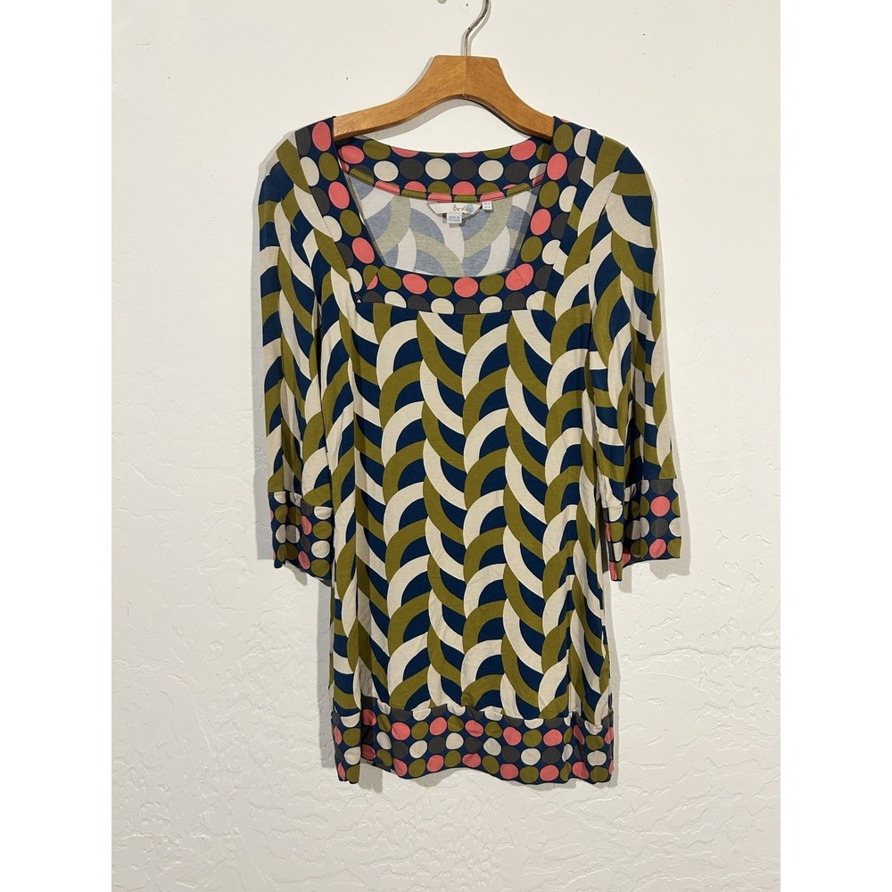 Boden Tunic Womens 4 Shift Navy Green Retro Geometric Shift Long Sleeve Stretch